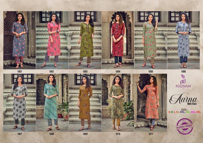 Poonam Aarna Fancy Ethnic Wear Rayon Printed Kurtis With Bottom Collection

